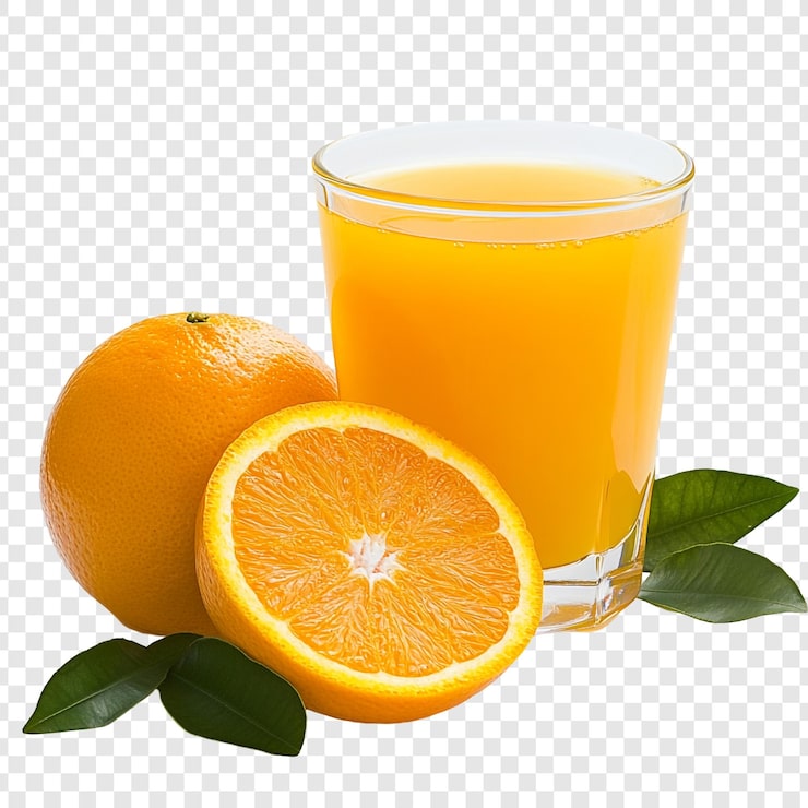 PSD gratuito un bicchiere rinfrescante di succo d'arancia con frutta