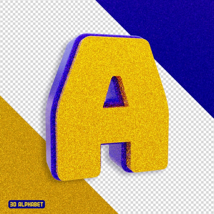 PSD gratuit alphabet doré à paillettes avec lettre a bleue en 3d