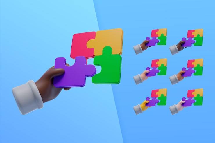 PSD gratuit collection 3d avec des mains à l'aide de pièces de puzzle