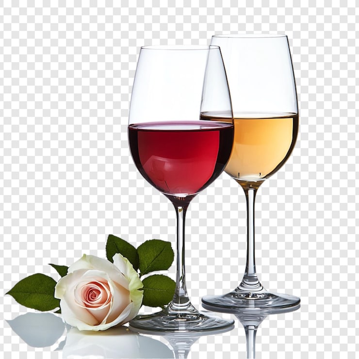 PSD gratuit dégustation de vin romantique verres de vin rouge et blanc avec une rose