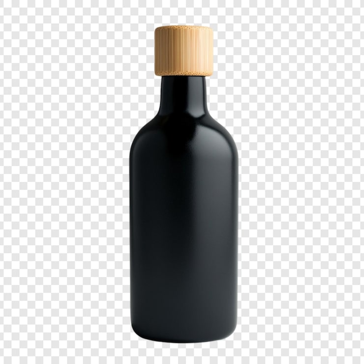 PSD gratuit une élégante bouteille de verre noir avec un bouchon de bambou