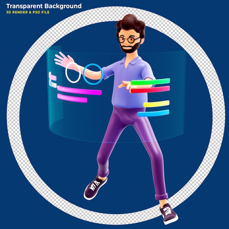 PSD gratuit homme d'affaires utilisant des lunettes de réalité virtuelle et touchant l'interface vr illustration 3d