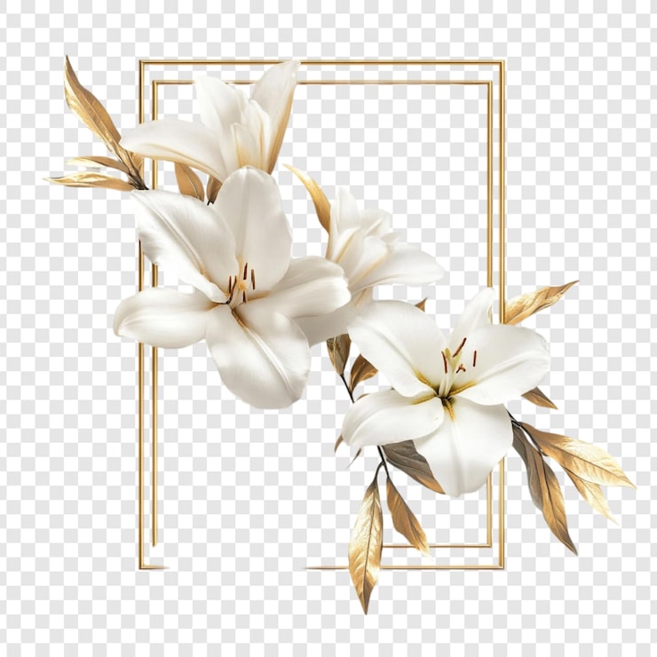 PSD gratuit des lys blancs élégants dans un cadre doré un design floral luxueux