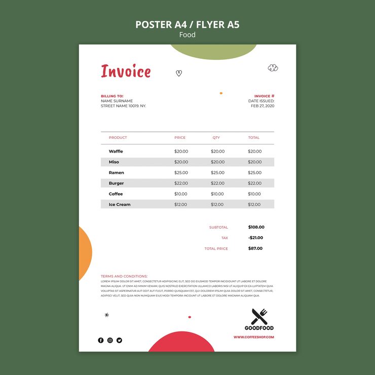 PSD gratuit modèle d'affiche de facture alimentaire