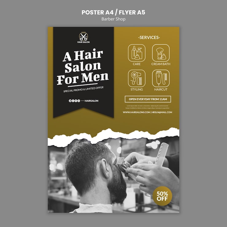 PSD gratuit modèle d'affiche de salon de coiffure design plat