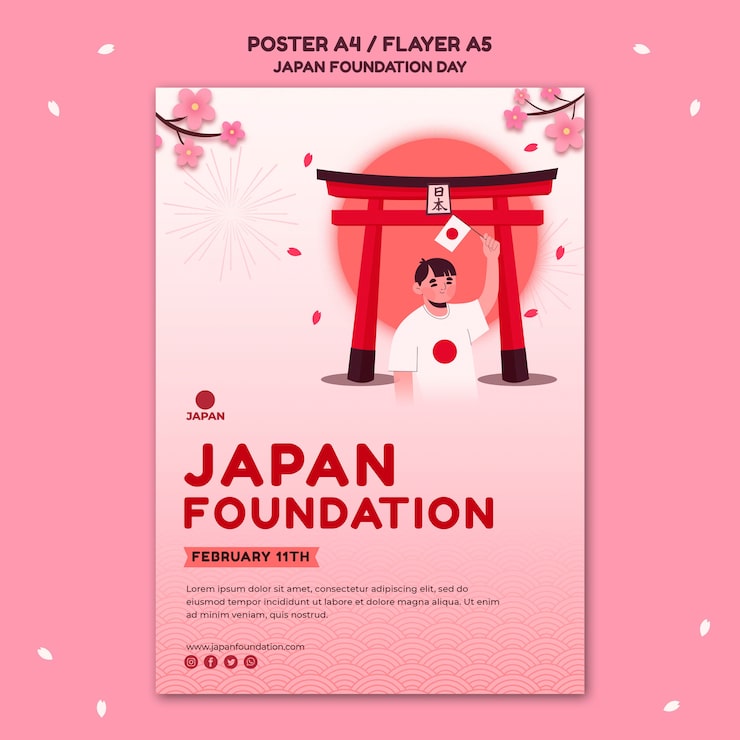PSD gratuit modèle d'affiche verticale pour la journée de la fondation du japon avec des fleurs