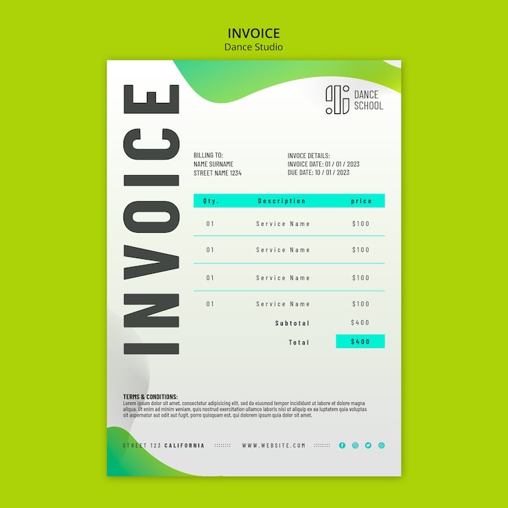 PSD gratuit modèle de facture de cours de studio de danse