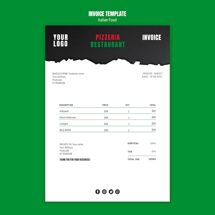 PSD gratuit modèle de facture de cuisine italienne