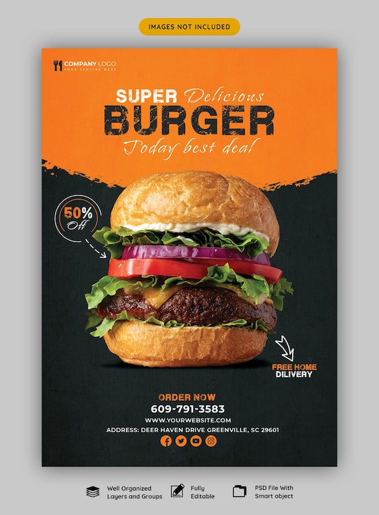 PSD gratuit modèle de flyer délicieux menu burger et nourriture