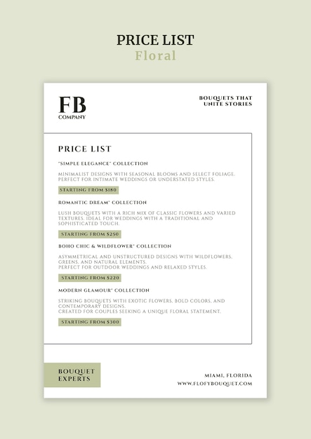 PSD gratuit modèle de liste de prix floraux