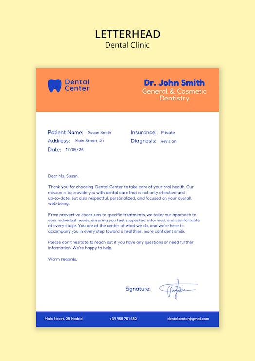 PSD gratuit papier à en-tête de clinique dentaire pour la communication avec les patients