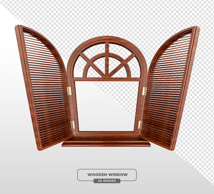 PSD gratuit rendering 3d d'une fenêtre en bois à voûte avec des volets ouverts