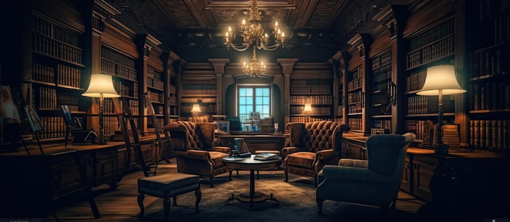 PSD gratuit salle de lecture dans une ancienne bibliothèque ou maison ai générative