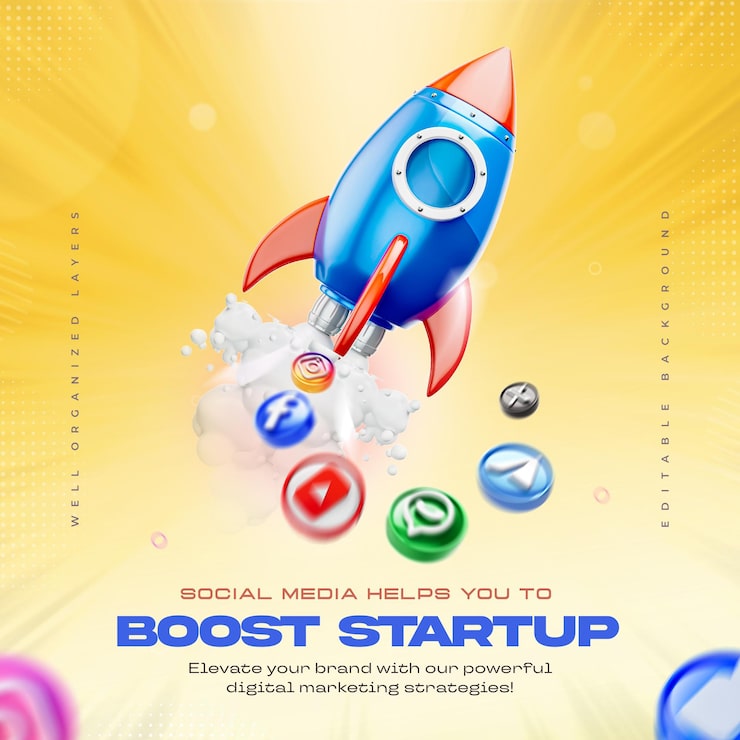 PSD gratuit startup concept rocket décolle le modèle de poste de démarrage d'entreprise avec des logos de réseaux sociaux