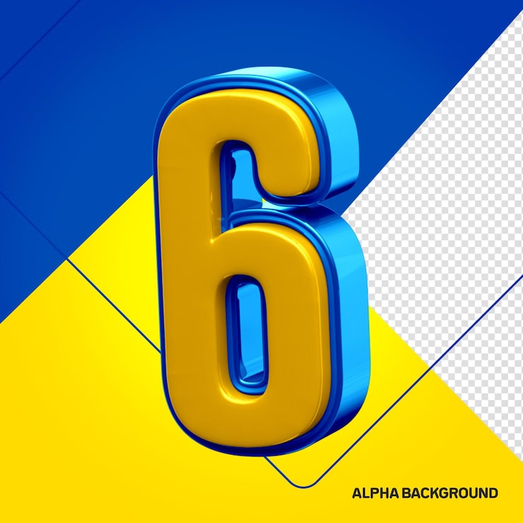 PSD grátis alfabeto amarelo com o número 6 3d azul