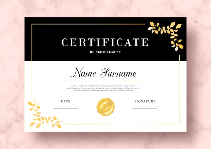 PSD grátis certificado elegante de conquista com folhas douradas modelo psd