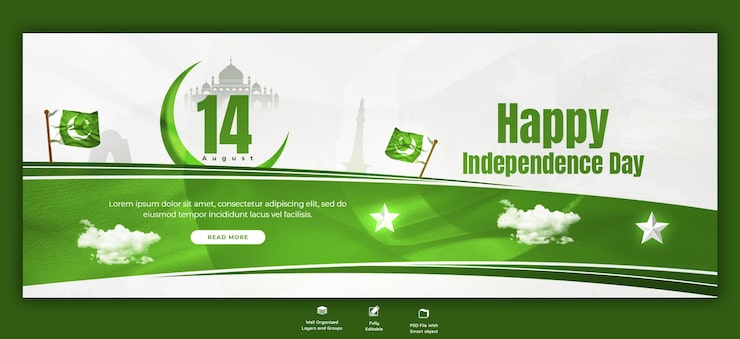 PSD grátis feliz dia da independência do paquistão modelo de capa ou banner do facebook