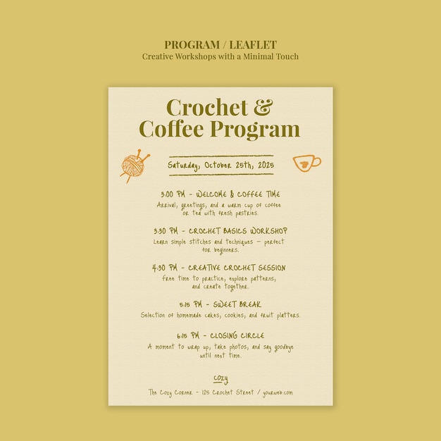 PSD grátis flyer do programa de crochê e café