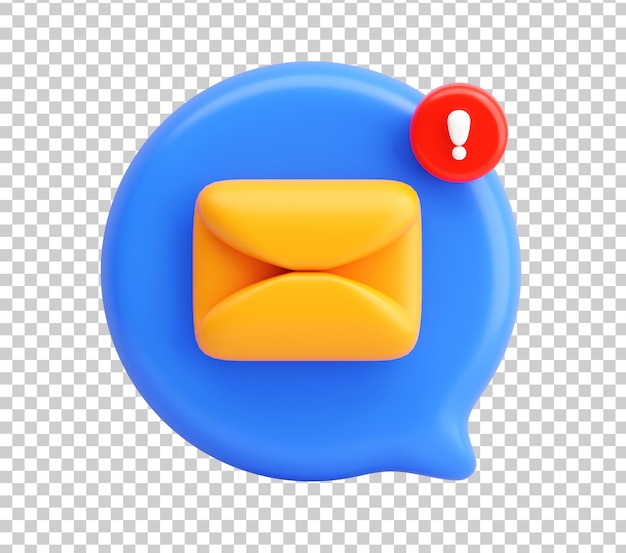 PSD grátis ícone de alerta de e-mail 3d com envelope laranja e sinal de exclamação em bolha de bate-papo azul