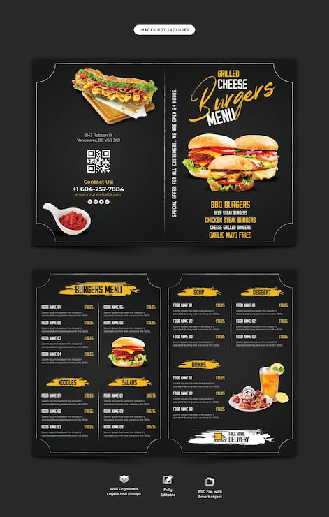 PSD grátis menu de comida e modelo de folheto bifold do restaurante