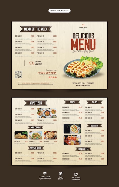 PSD grátis menu de comida e modelo de folheto bifold do restaurante