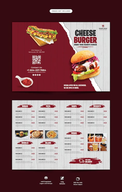 PSD grátis menu de comida e modelo de folheto bifold do restaurante