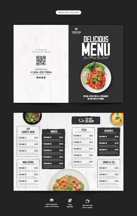 PSD grátis menu de comida e modelo de folheto bifold do restaurante