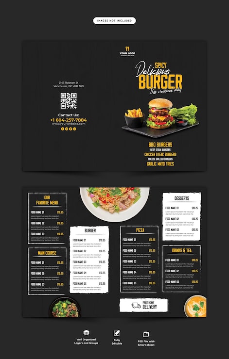PSD grátis menu de comida e modelo de folheto bifold do restaurante