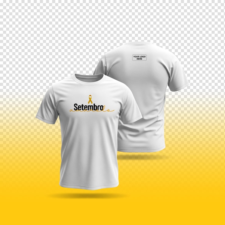 Mockup de camiseta branca com texto Setembro, vista frontal e traseira