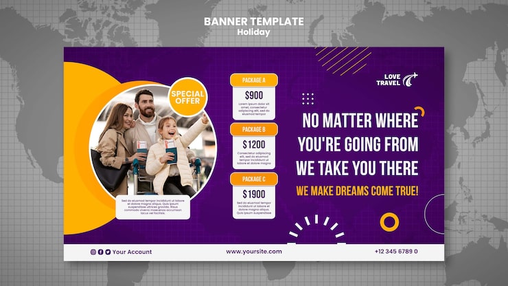 PSD grátis modelo de banner horizontal de férias com mapa do mundo