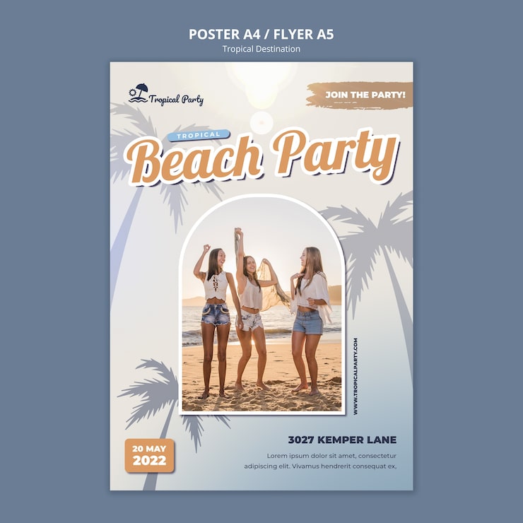 PSD grátis modelo de cartaz vertical de destino tropical com palmeiras