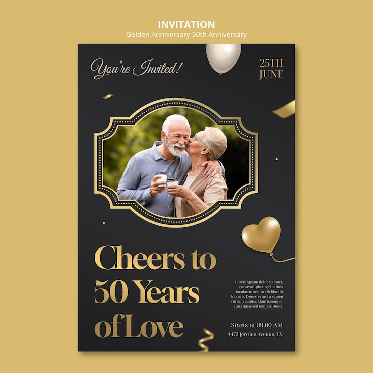 PSD grátis modelo de convite de aniversário de 50 anos de ouro