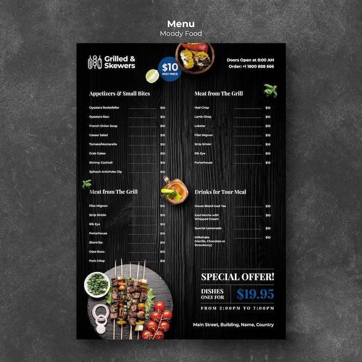 PSD grátis modelo de menu de restaurante de comida grelhada e legumes