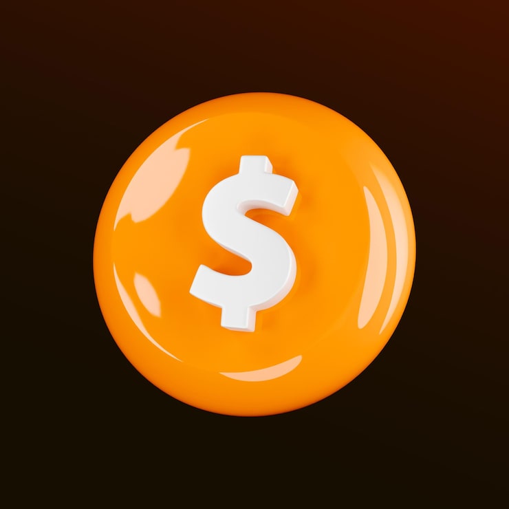 PSD grátis moeda de dólar laranja renderizada em 3d com sinal de dólar branco isolado em preto