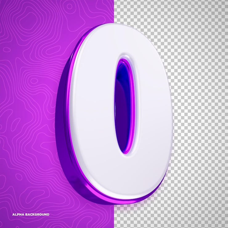 PSD grátis número 0 3d renderizado em branco roxo brilhante
