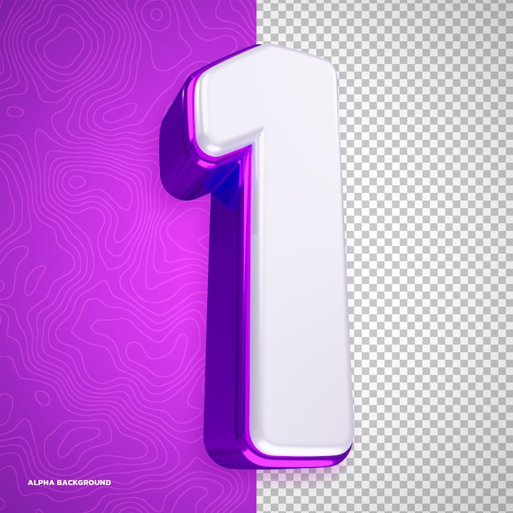 PSD grátis número 1 em 3d renderizado branco roxo brilhante