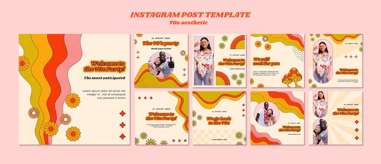 PSD grátis postagens de instagram estéticas de design plano dos anos 70