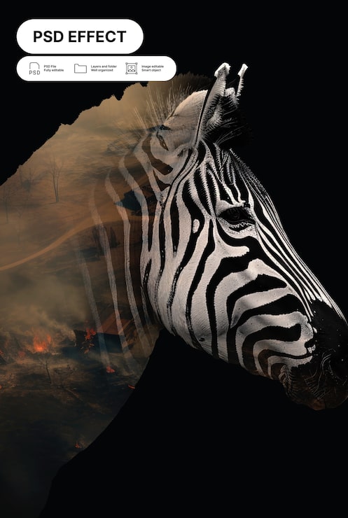 PSD grátis zebra e sobreposição de incêndio