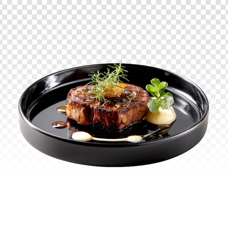 Miễn phí PSD cận cảnh bít tết bò áp chảo cao cấp với lớp vỏ thảo mộc trên đĩa đen