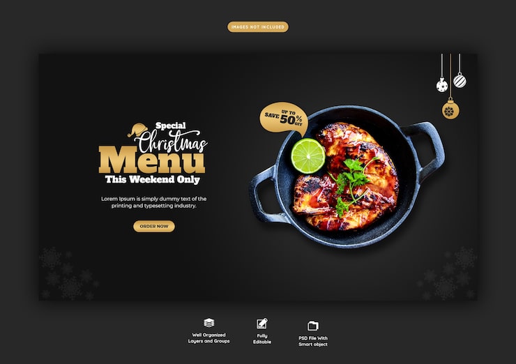 Miễn phí PSD chúc mừng giáng sinh thực đơn món ăn và mẫu biểu ngữ web nhà hàng