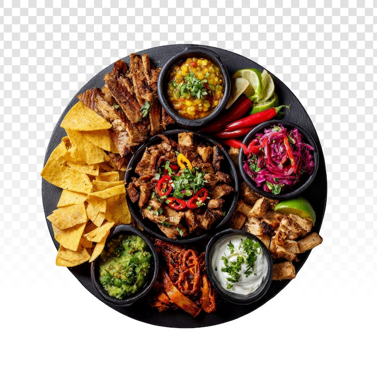 Miễn phí PSD đĩa thập cẩm mexico kèm nachos, thịt và các loại sốt chấm
