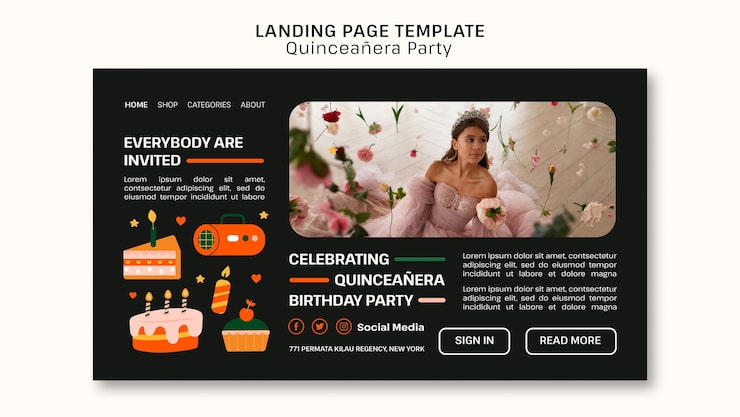 Miễn phí PSD trang đích tiệc quinceañera thiết kế phẳng