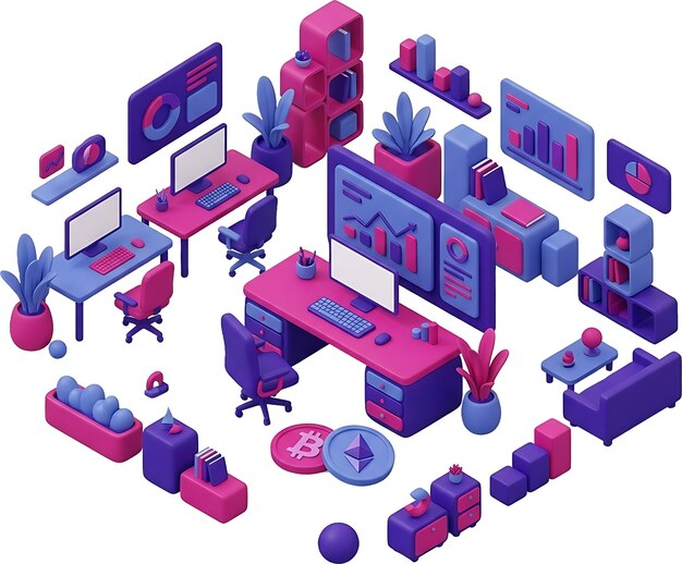PSD 3d cartoon gradient workspace and cryptocurrency elements set
