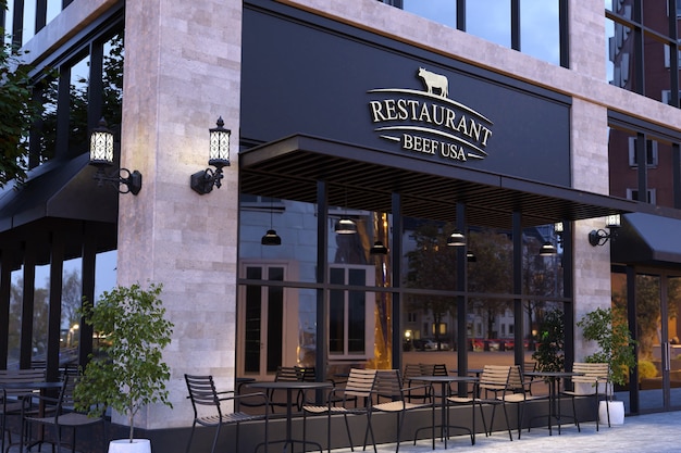 PSD 3d-chromlogo-modell auf moderner restaurantfassade