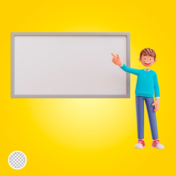 PSD 3d-darstellung süßer junge, der auf whiteboard zeigt