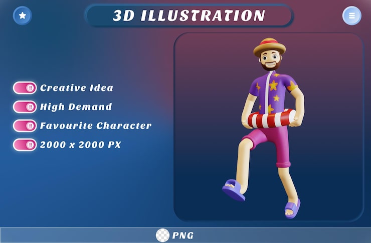 PSD 3d postava léto se chystá vstoupit na pláž