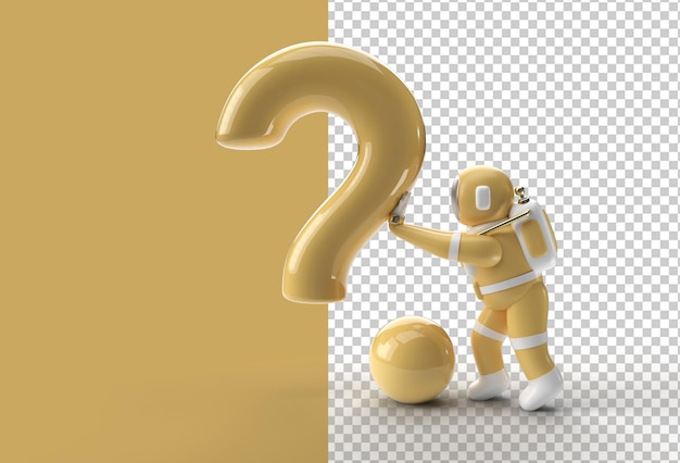 PSD 3d, render, astronauta, posición, con, signo de interrogación