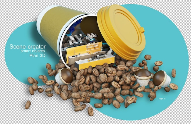 PSD 3d-rendering-café- und kaffeebohnenelemente