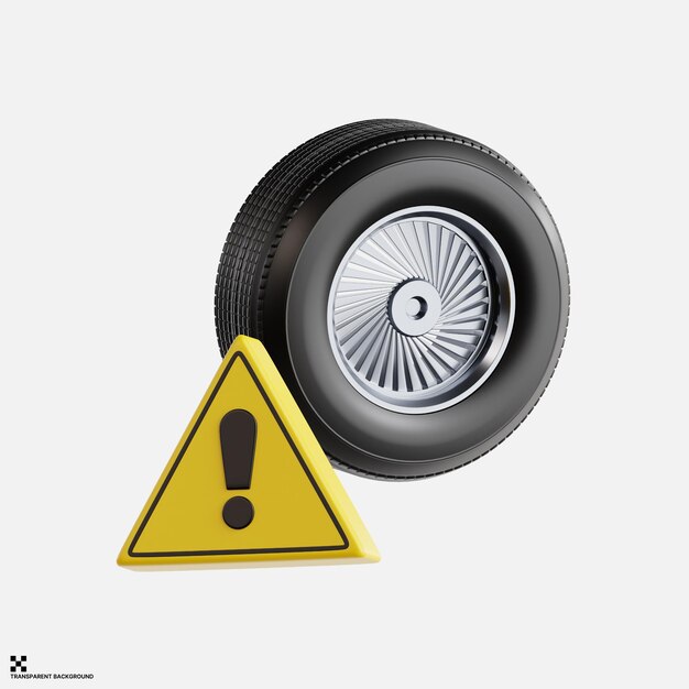 PSD 3d-rendering eines autoreifens mit warnschild.