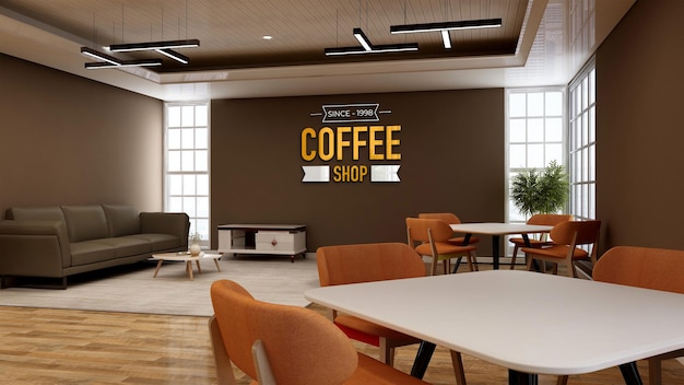 PSD 3d-wandlogo-modell im café mit sofa